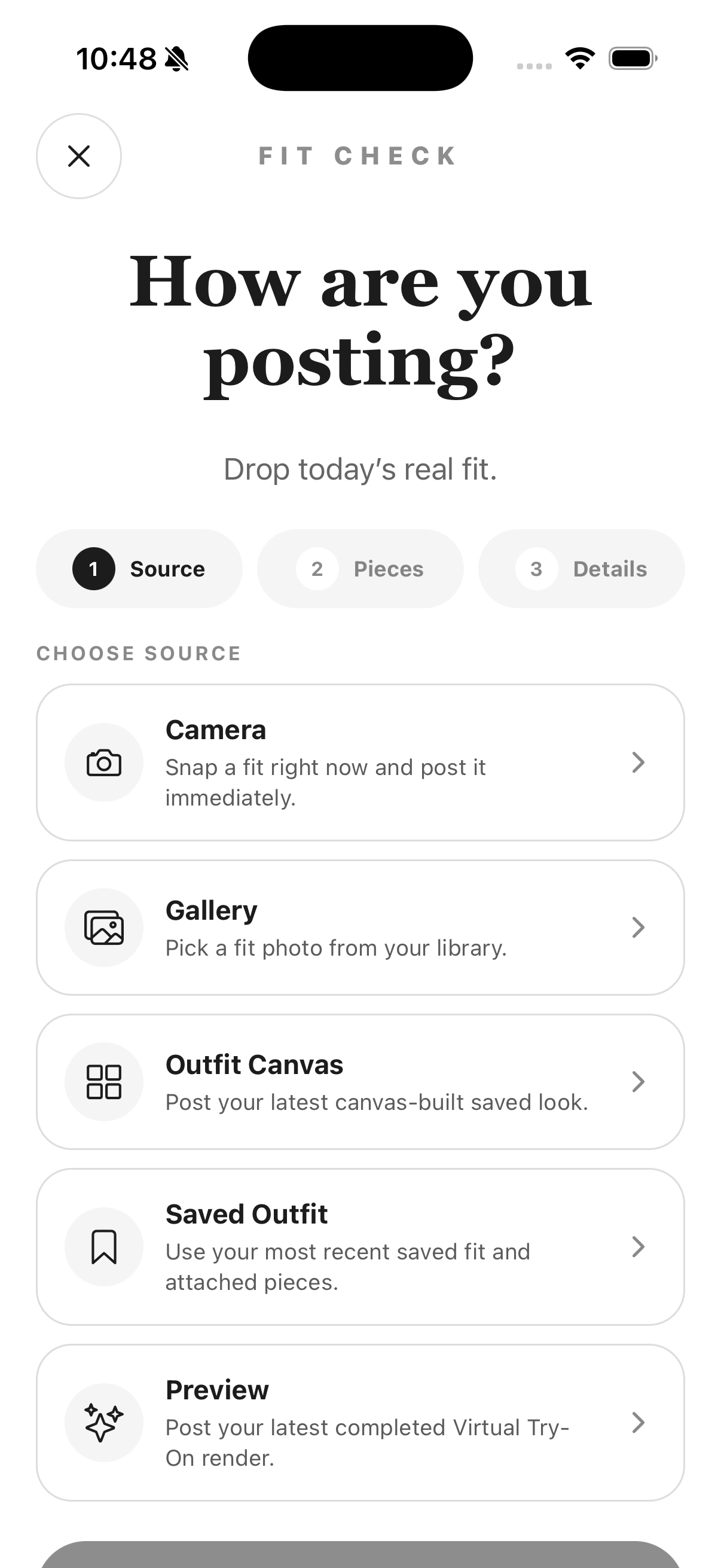 Klozu Fit Check source screen asking how the user wants to post their fit.